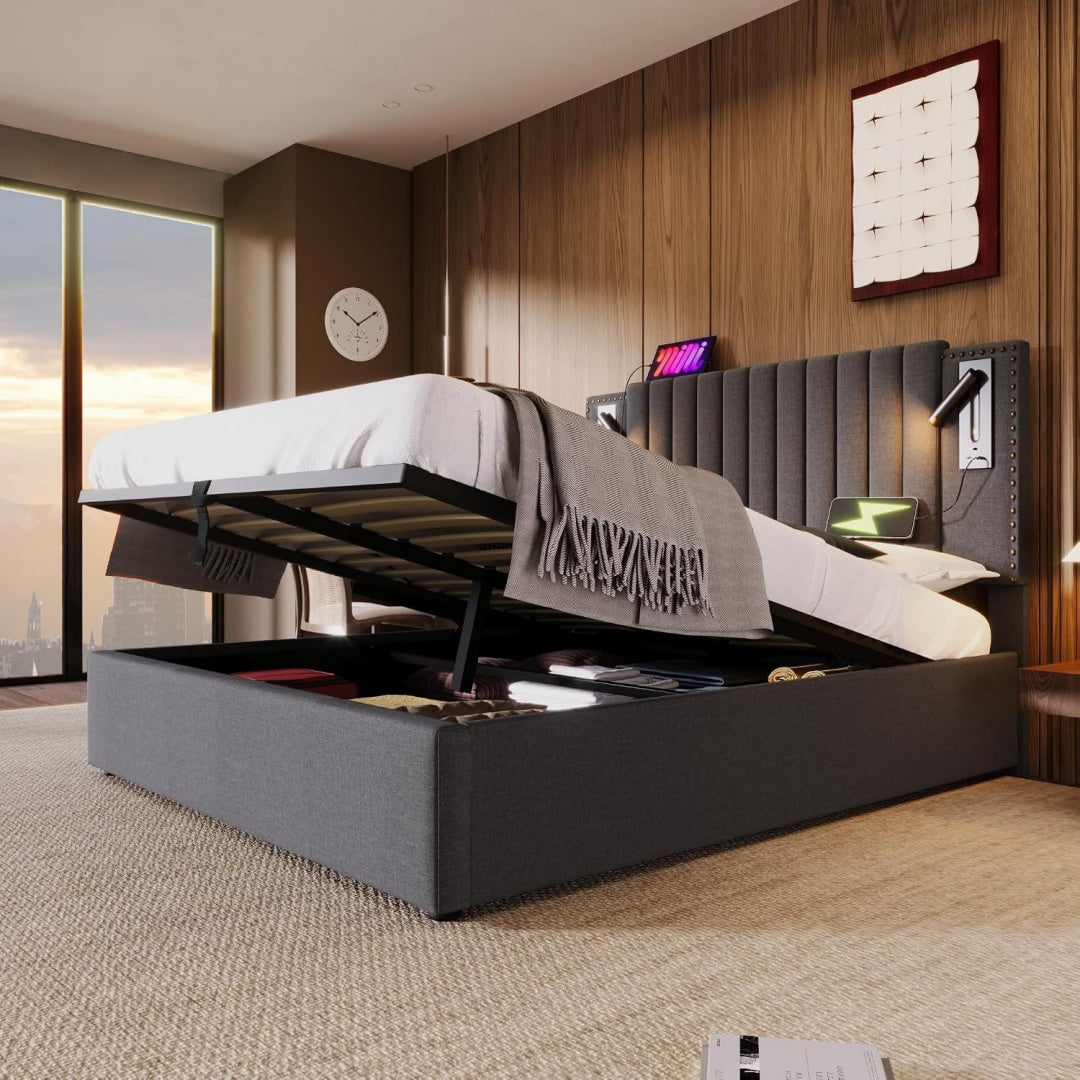 Ein hydraulischer Mechanismus trifft bei dem Boxspringbett auf einen Bettkasten