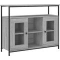 Der Hochschrank misst 100 x 35 x 80 cm in Eichenbraun und Grau