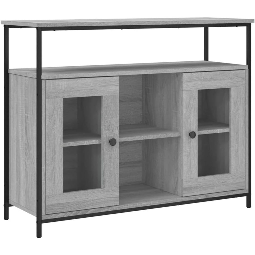 Der Hochschrank misst 100 x 35 x 80 cm in Eichenbraun und Grau